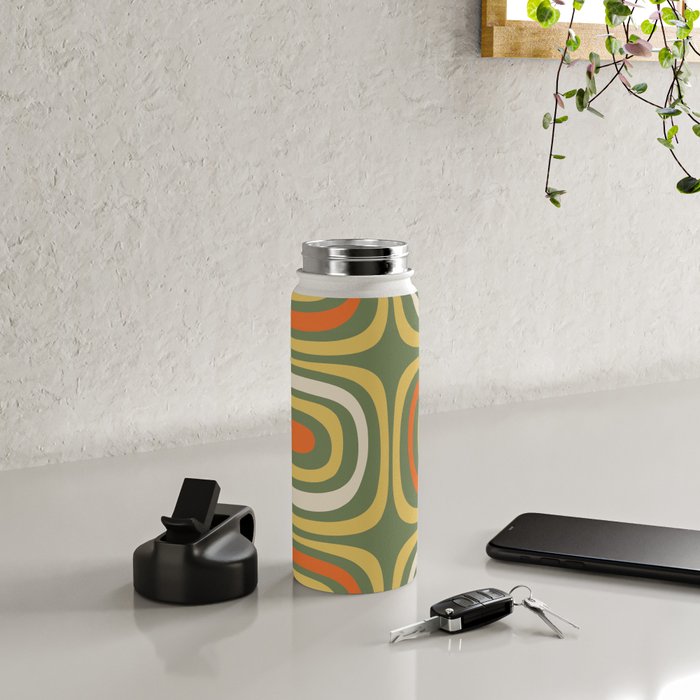 Retro Abstract Boho Confaab Vertical Pattern in Mossy Olive Green Orange Yellow Water Bottle Gallery Image 4