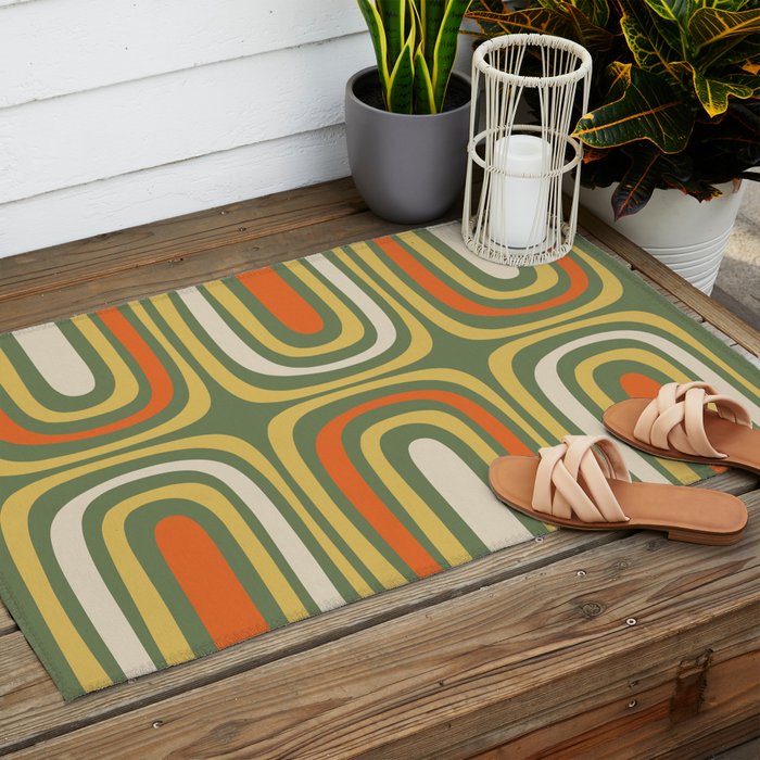 Retro Abstract Boho Confaab Vertical Pattern in Mossy Olive Green Orange Yellow Outdoor Rug Gallery Image 2