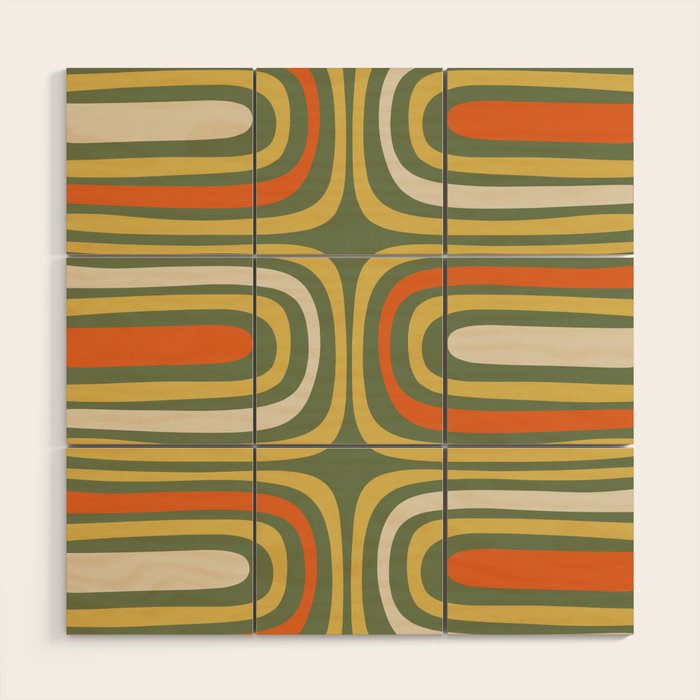 Retro Abstract Boho Confaab Vertical Pattern in Mossy Olive Green Orange Yellow Wood Wall Art Gallery Image 1