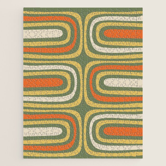 Retro Abstract Boho Confaab Vertical Pattern in Mossy Olive Green Orange Yellow Jigsaw Puzzle Gallery Image 1