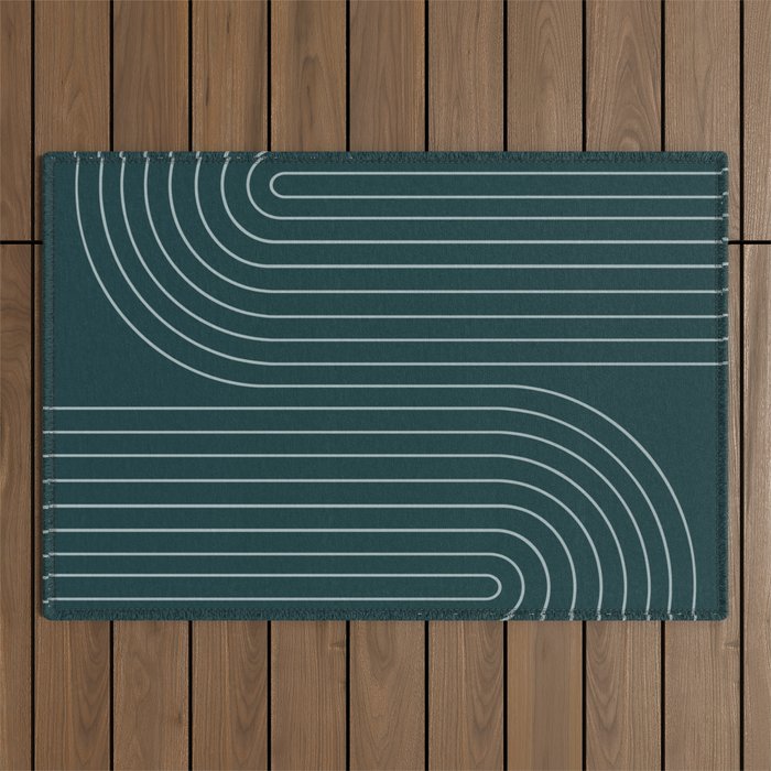Minimal Line Curvature XCII Dark Teal Green Mid Century Modern Arch Abstract Outdoor Rug Gallery Image 1