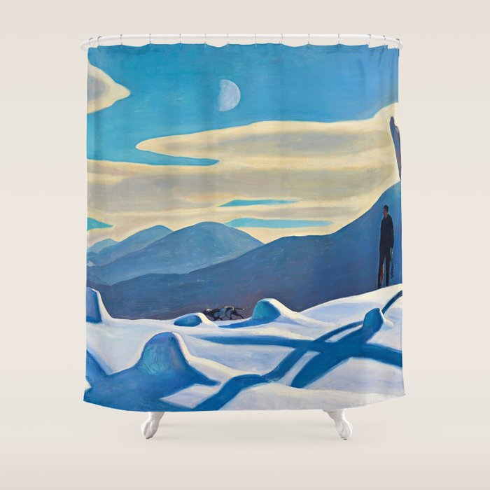 The Trapper, Winter Mountain landscape painting by Rockwell Kent Shower Curtain Gallery Image 1