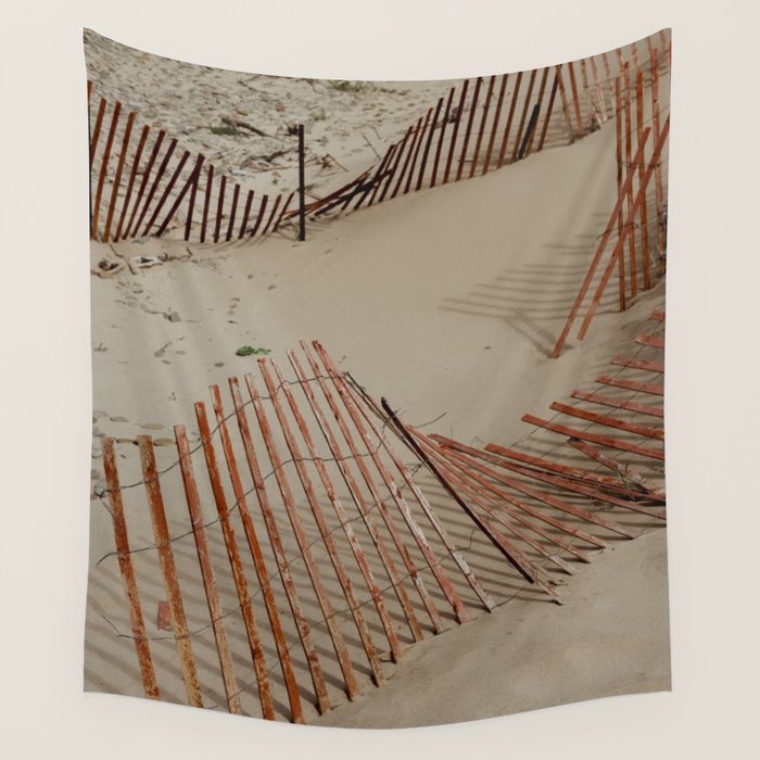 weathered red beach fence - sand coast travel photograph Wall Tapestry Gallery Image 4