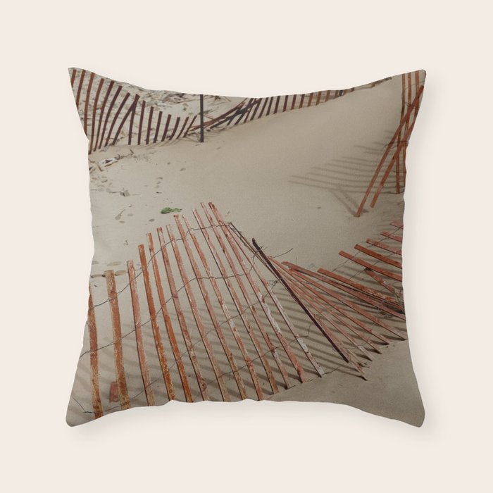 weathered red beach fence - sand coast travel photograph Throw Pillow Gallery Image 1