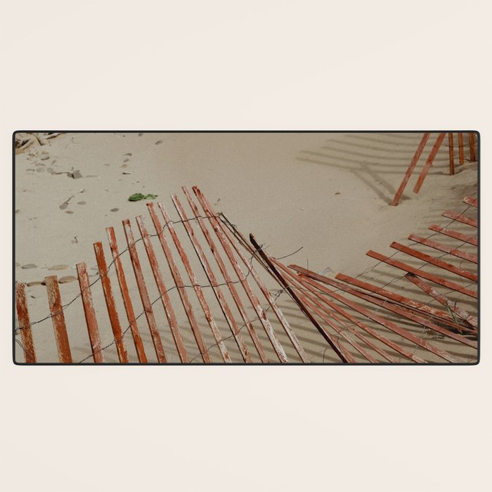 weathered red beach fence - sand coast travel photograph Desk Mat Gallery Image 3