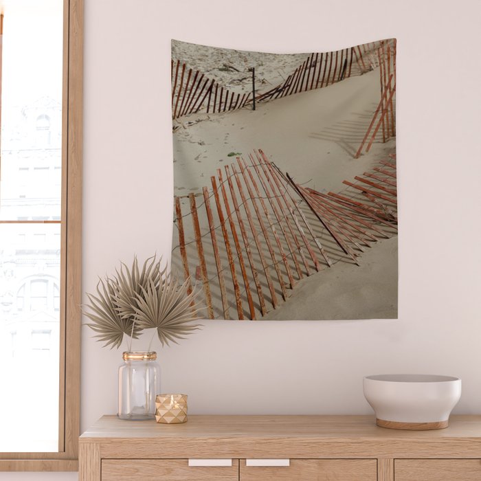 weathered red beach fence - sand coast travel photograph Wall Tapestry Gallery Image 2