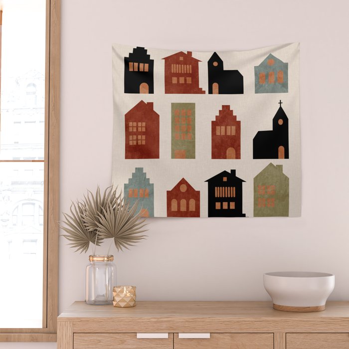 houses retro fall abstract geometric Wall Tapestry Gallery Image 2