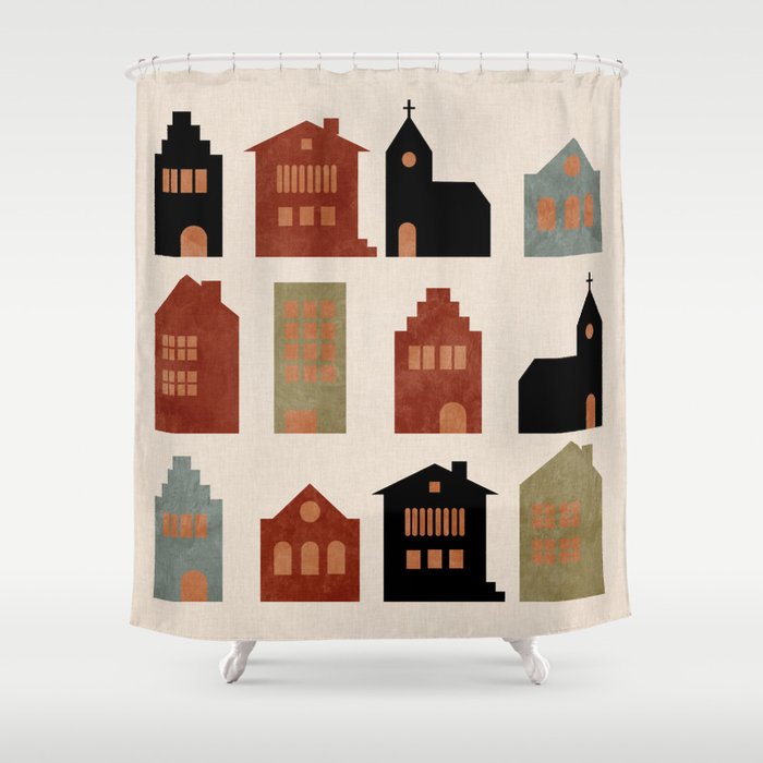 houses retro fall abstract geometric Shower Curtain Gallery Image 1