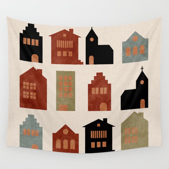 houses retro fall abstract geometric Wall Tapestry Gallery Image 4