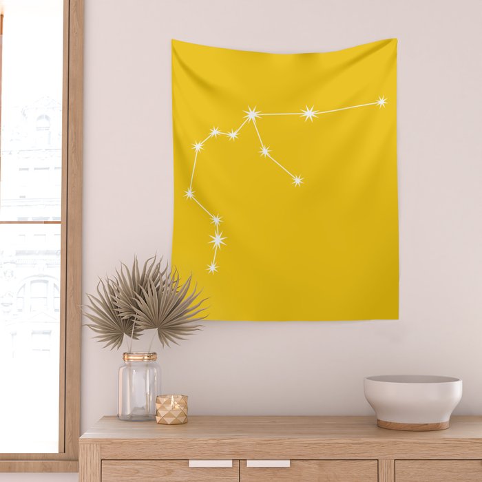 Aquarius Zodiac Star Constellation Line Art Bright Yellow Wall Tapestry Gallery Image 2