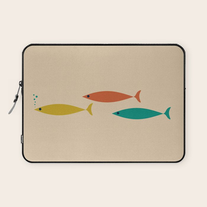 Mid-Century Modern Minimalist Fish Trio in Mid Mod Turquoise Teal, Mustard, Orange, and Beige Laptop Sleeve Gallery Image 1
