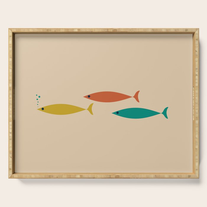 Mid-Century Modern Minimalist Fish Trio in Mid Mod Turquoise Teal, Mustard, Orange, and Beige Serving Tray Gallery Image 1