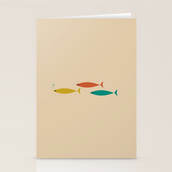 Mid-Century Modern Minimalist Fish Trio in Mid Mod Turquoise Teal, Mustard, Orange, and Beige Stationery Card Gallery Image 2