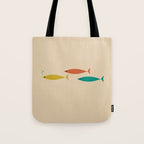 Mid-Century Modern Minimalist Fish Trio in Mid Mod Turquoise Teal, Mustard, Orange, and Beige Tote Bag Gallery Image 1