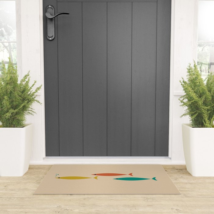Mid-Century Modern Minimalist Fish Trio in Mid Mod Turquoise Teal, Mustard, Orange, and Beige Welcome Mat Gallery Image 3