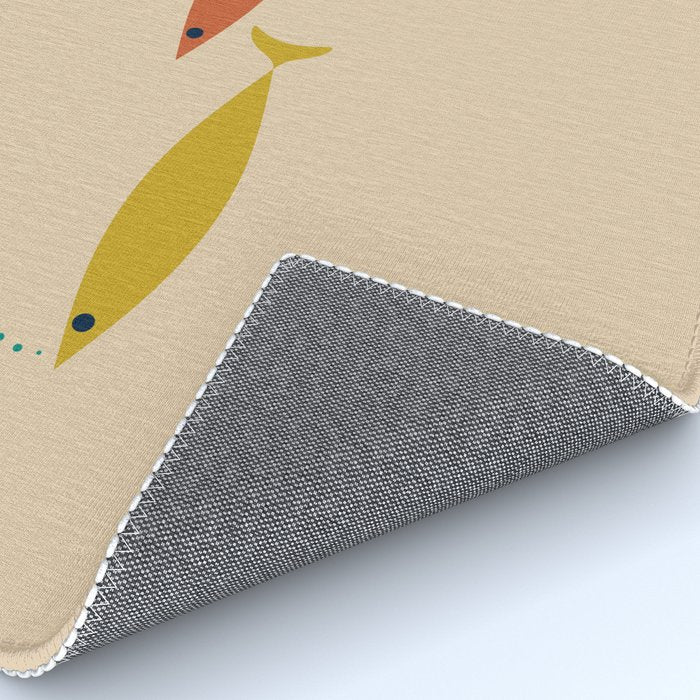 Mid-Century Modern Minimalist Fish Trio in Mid Mod Turquoise Teal, Mustard, Orange, and Beige Rug Gallery Image 4