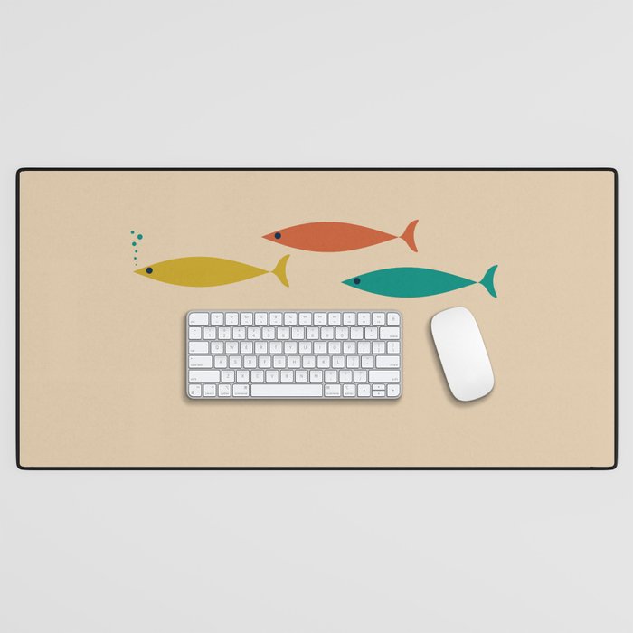 Mid-Century Modern Minimalist Fish Trio in Mid Mod Turquoise Teal, Mustard, Orange, and Beige Desk Mat Gallery Image 1