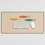 Mid-Century Modern Minimalist Fish Trio in Mid Mod Turquoise Teal, Mustard, Orange, and Beige Desk Mat Gallery Image 1
