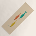 Mid-Century Modern Minimalist Fish Trio in Mid Mod Turquoise Teal, Mustard, Orange, and Beige Yoga Mat Gallery Image 1