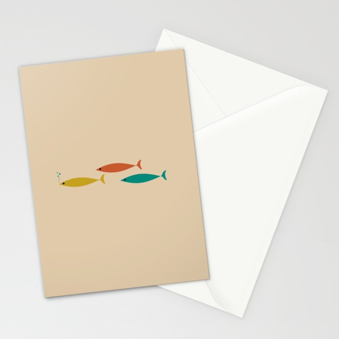 Mid-Century Modern Minimalist Fish Trio in Mid Mod Turquoise Teal, Mustard, Orange, and Beige Stationery Card Gallery Image 2