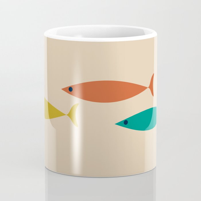 Mid-Century Modern Minimalist Fish Trio in Mid Mod Turquoise Teal, Mustard, Orange, and Beige Coffee Mug Gallery Image 4