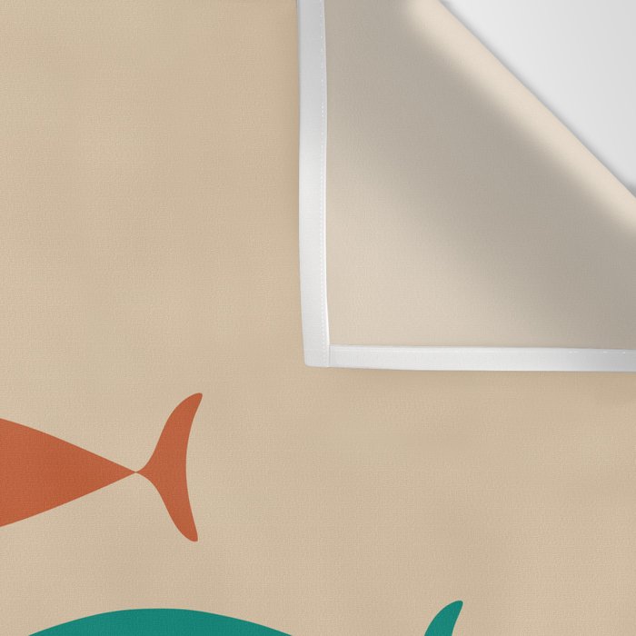 Mid-Century Modern Minimalist Fish Trio in Mid Mod Turquoise Teal, Mustard, Orange, and Beige Wall Tapestry Gallery Image 3