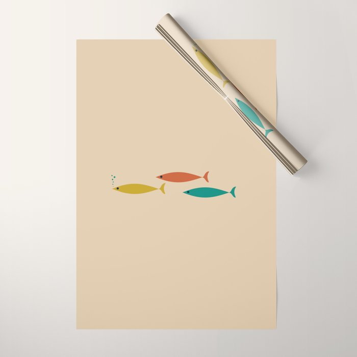 Mid-Century Modern Minimalist Fish Trio in Mid Mod Turquoise Teal, Mustard, Orange, and Beige Wrapping Paper Gallery Image 1