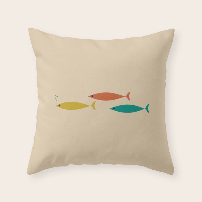 Mid-Century Modern Minimalist Fish Trio in Mid Mod Turquoise Teal, Mustard, Orange, and Beige Throw Pillow Gallery Image 1