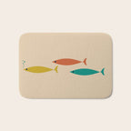 Mid-Century Modern Minimalist Fish Trio in Mid Mod Turquoise Teal, Mustard, Orange, and Beige Bath Mat Gallery Image 1