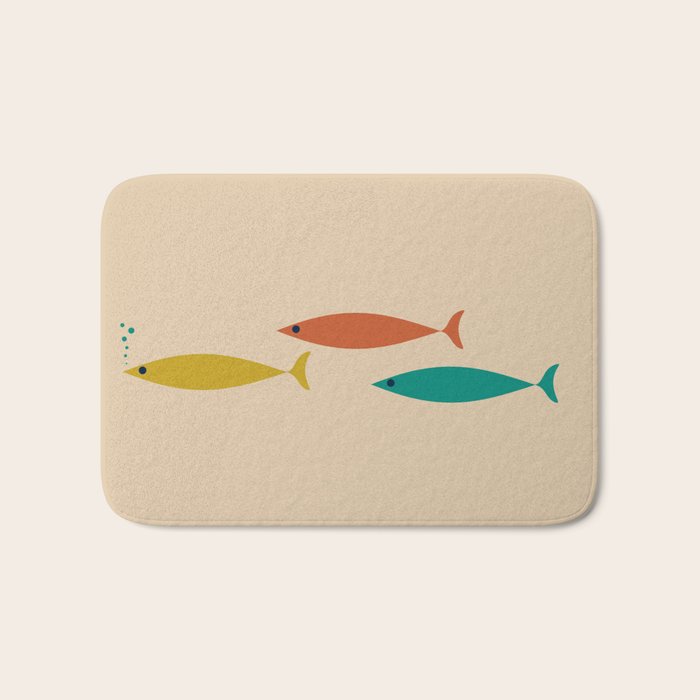 Mid-Century Modern Minimalist Fish Trio in Mid Mod Turquoise Teal, Mustard, Orange, and Beige Bath Mat Gallery Image 1