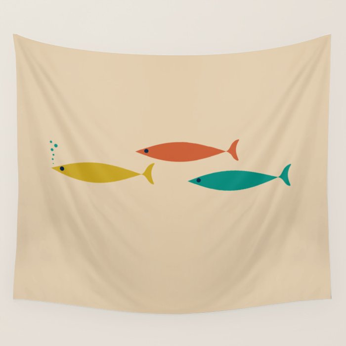 Mid-Century Modern Minimalist Fish Trio in Mid Mod Turquoise Teal, Mustard, Orange, and Beige Wall Tapestry Gallery Image 4