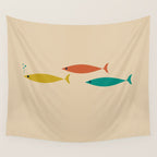 Mid-Century Modern Minimalist Fish Trio in Mid Mod Turquoise Teal, Mustard, Orange, and Beige Wall Tapestry Gallery Image 4