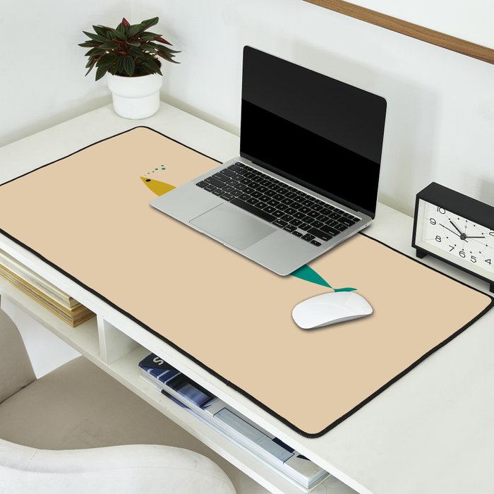 Mid-Century Modern Minimalist Fish Trio in Mid Mod Turquoise Teal, Mustard, Orange, and Beige Desk Mat Gallery Image 2