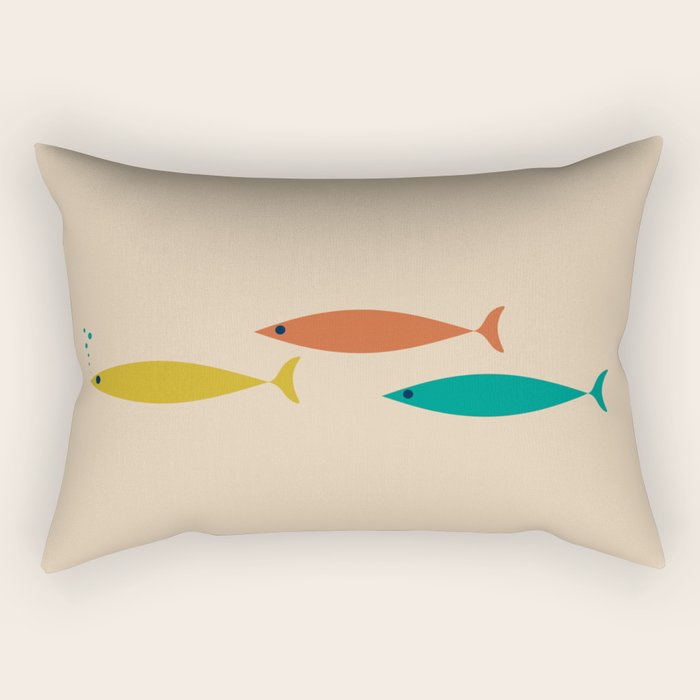 Mid-Century Modern Minimalist Fish Trio in Mid Mod Turquoise Teal, Mustard, Orange, and Beige Rectangular Pillow Gallery Image 2