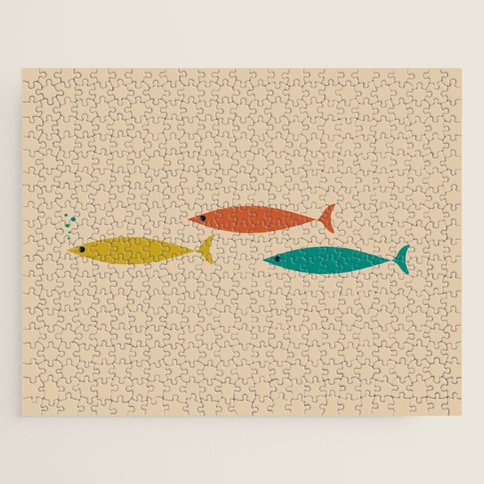Mid-Century Modern Minimalist Fish Trio in Mid Mod Turquoise Teal, Mustard, Orange, and Beige Jigsaw Puzzle Gallery Image 1