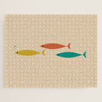 Mid-Century Modern Minimalist Fish Trio in Mid Mod Turquoise Teal, Mustard, Orange, and Beige Jigsaw Puzzle Gallery Image 1