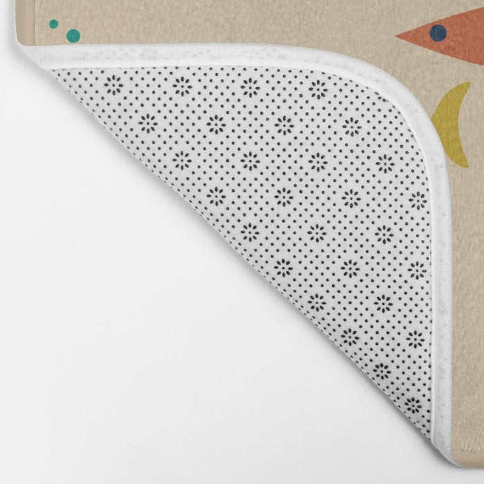 Mid-Century Modern Minimalist Fish Trio in Mid Mod Turquoise Teal, Mustard, Orange, and Beige Bath Mat Gallery Image 2