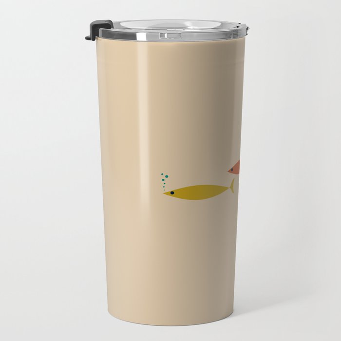 Mid-Century Modern Minimalist Fish Trio in Mid Mod Turquoise Teal, Mustard, Orange, and Beige Travel Mug Gallery Image 3