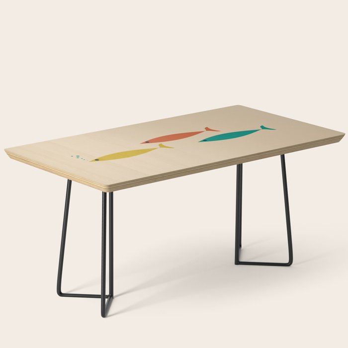 Mid-Century Modern Minimalist Fish Trio in Mid Mod Turquoise Teal, Mustard, Orange, and Beige Coffee Table Gallery Image 1