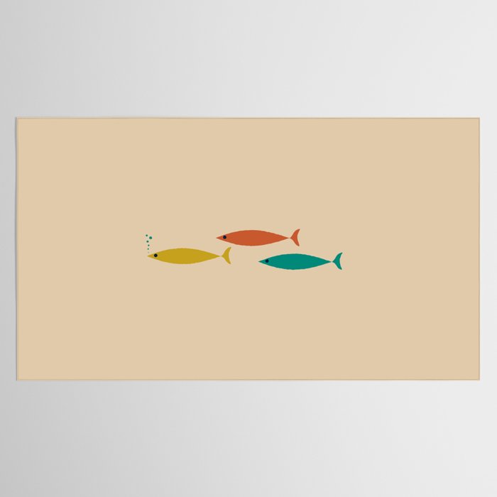 Mid-Century Modern Minimalist Fish Trio in Mid Mod Turquoise Teal, Mustard, Orange, and Beige Tablecloth Gallery Image 2