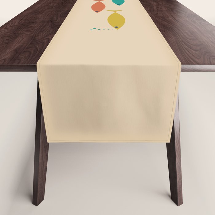 Mid-Century Modern Minimalist Fish Trio in Mid Mod Turquoise Teal, Mustard, Orange, and Beige Table Runner Gallery Image 1