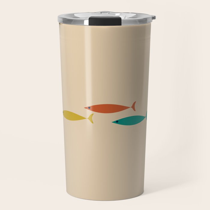 Mid-Century Modern Minimalist Fish Trio in Mid Mod Turquoise Teal, Mustard, Orange, and Beige Travel Mug Gallery Image 1