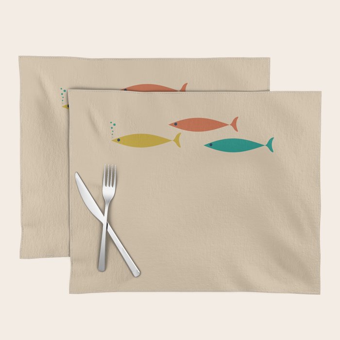 Mid-Century Modern Minimalist Fish Trio in Mid Mod Turquoise Teal, Mustard, Orange, and Beige Placemat Gallery Image 1