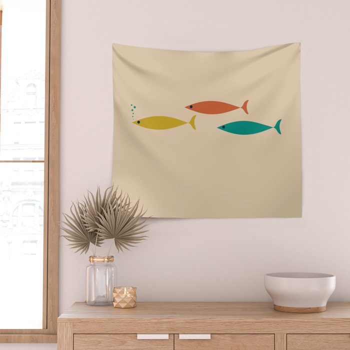 Mid-Century Modern Minimalist Fish Trio in Mid Mod Turquoise Teal, Mustard, Orange, and Beige Wall Tapestry Gallery Image 2