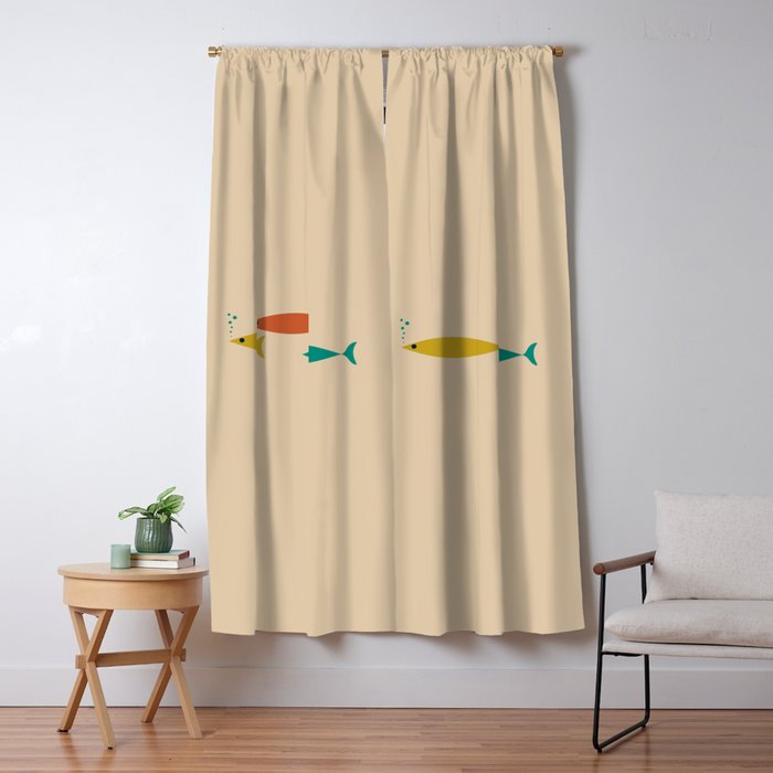 Mid-Century Modern Minimalist Fish Trio in Mid Mod Turquoise Teal, Mustard, Orange, and Beige Window Curtain Gallery Image 1