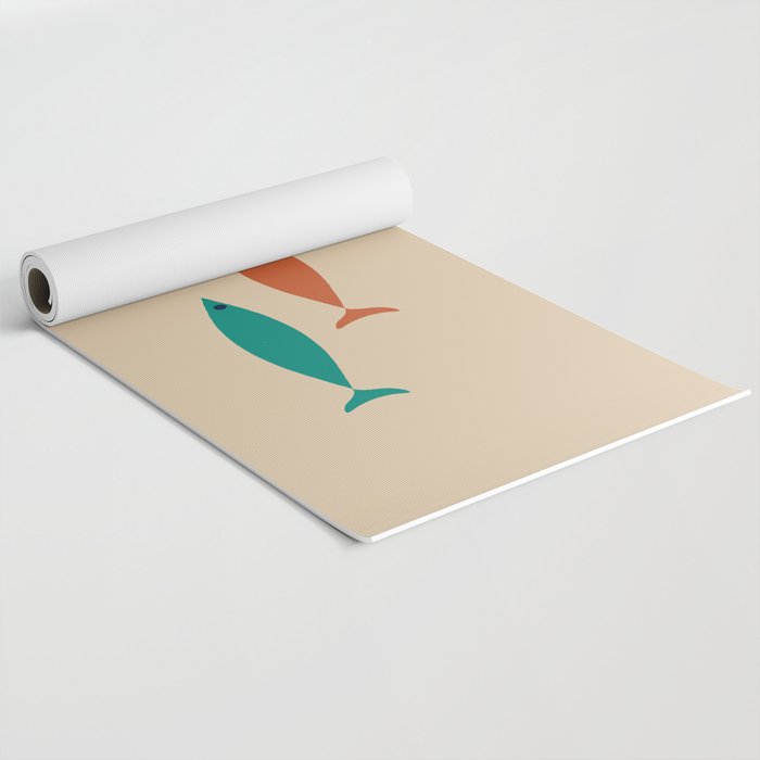 Mid-Century Modern Minimalist Fish Trio in Mid Mod Turquoise Teal, Mustard, Orange, and Beige Yoga Mat Gallery Image 2