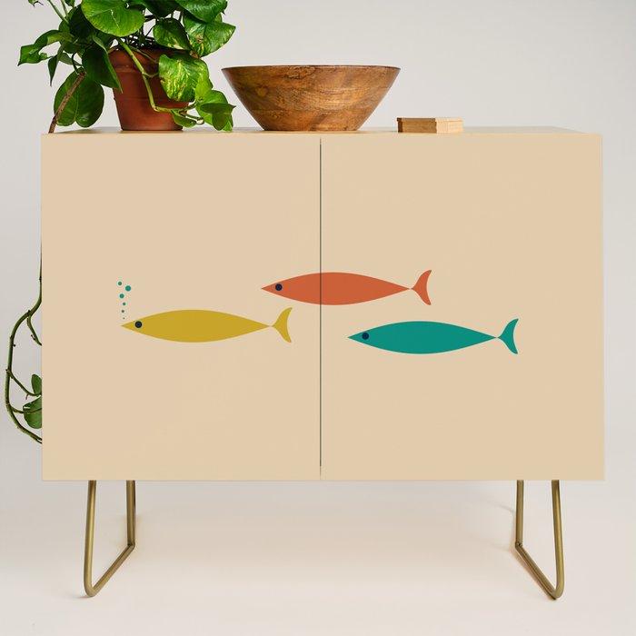Mid-Century Modern Minimalist Fish Trio in Mid Mod Turquoise Teal, Mustard, Orange, and Beige Credenza Gallery Image 1