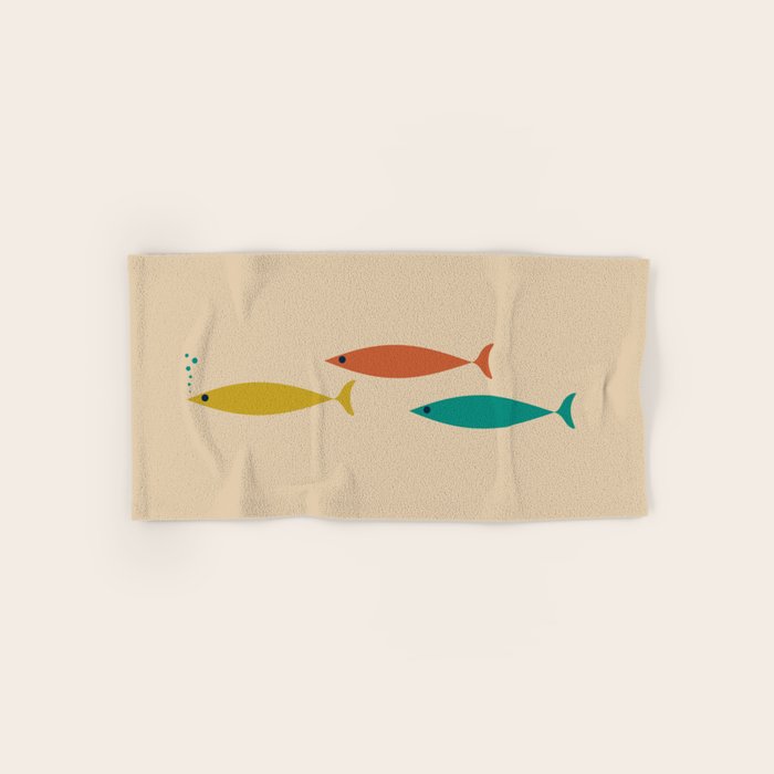 Mid-Century Modern Minimalist Fish Trio in Mid Mod Turquoise Teal, Mustard, Orange, and Beige Bath Towel Gallery Image 1