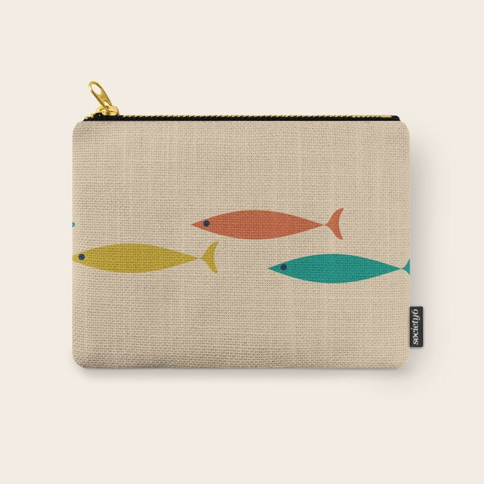 Mid-Century Modern Minimalist Fish Trio in Mid Mod Turquoise Teal, Mustard, Orange, and Beige Carry All Pouch Gallery Image 1