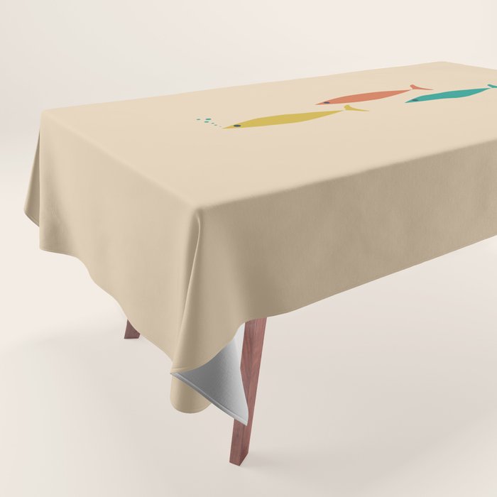 Mid-Century Modern Minimalist Fish Trio in Mid Mod Turquoise Teal, Mustard, Orange, and Beige Tablecloth Gallery Image 1